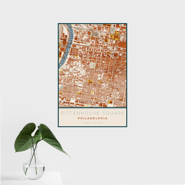 16x24 Rittenhouse Square Philadelphia Map Print Portrait Orientation in Woodblock Style With Tropical Plant Leaves in Water