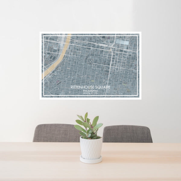 24x36 Rittenhouse Square Philadelphia Map Print Lanscape Orientation in Afternoon Style Behind 2 Chairs Table and Potted Plant