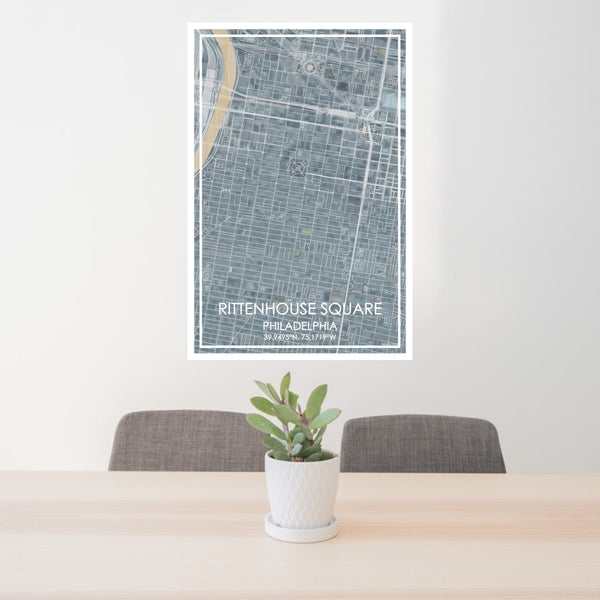 24x36 Rittenhouse Square Philadelphia Map Print Portrait Orientation in Afternoon Style Behind 2 Chairs Table and Potted Plant