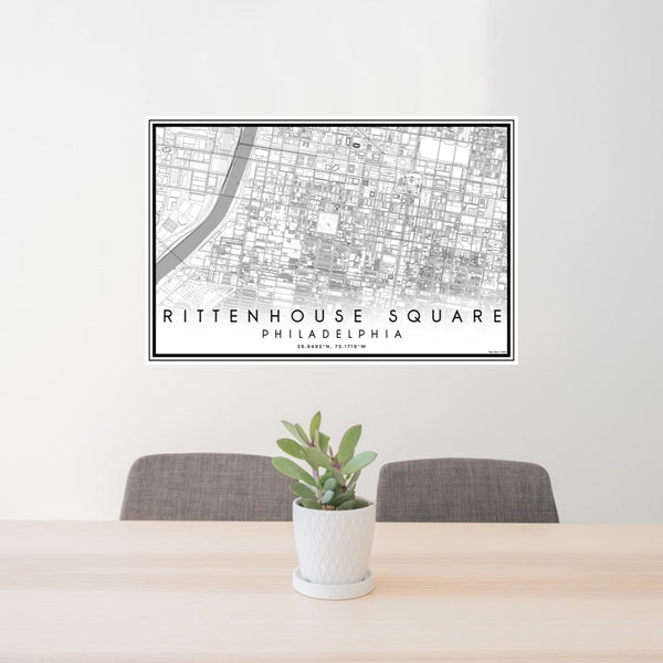 24x36 Rittenhouse Square Philadelphia Map Print Lanscape Orientation in Classic Style Behind 2 Chairs Table and Potted Plant