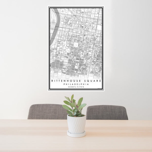 24x36 Rittenhouse Square Philadelphia Map Print Portrait Orientation in Classic Style Behind 2 Chairs Table and Potted Plant