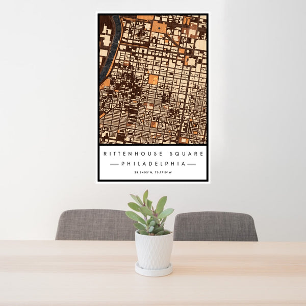 24x36 Rittenhouse Square Philadelphia Map Print Portrait Orientation in Ember Style Behind 2 Chairs Table and Potted Plant