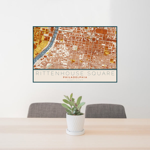 24x36 Rittenhouse Square Philadelphia Map Print Lanscape Orientation in Woodblock Style Behind 2 Chairs Table and Potted Plant