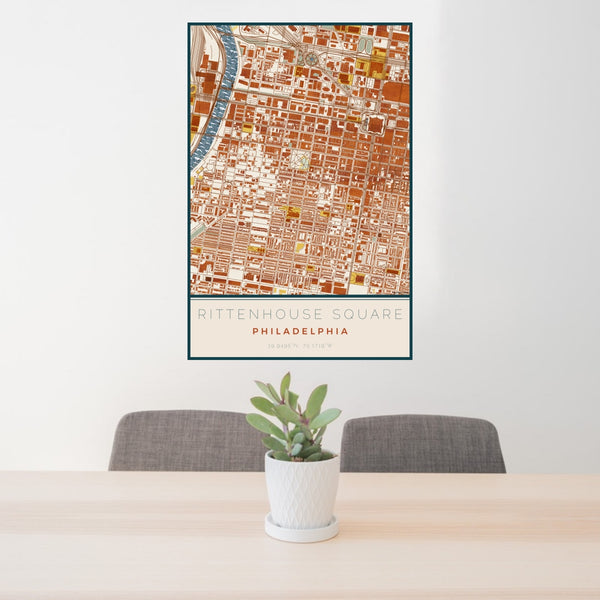 24x36 Rittenhouse Square Philadelphia Map Print Portrait Orientation in Woodblock Style Behind 2 Chairs Table and Potted Plant