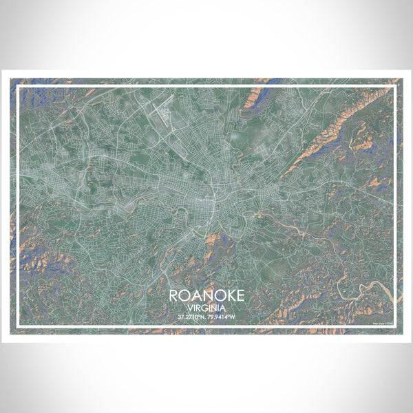 Roanoke Virginia Map Print Landscape Orientation in Afternoon Style With Shaded Background