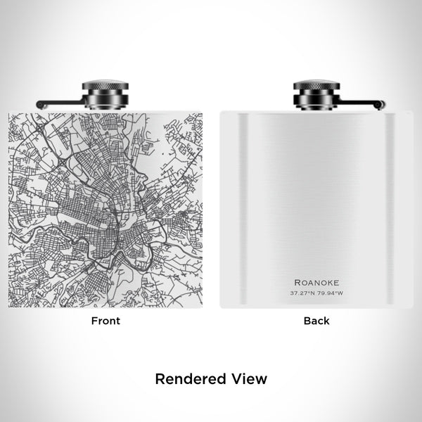 Rendered View of Roanoke Virginia Map Engraving on 6oz Stainless Steel Flask in White