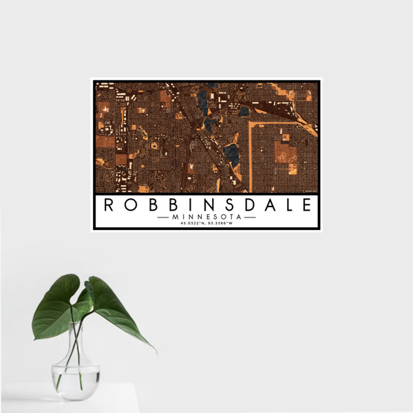 16x24 Robbinsdale Minnesota Map Print Landscape Orientation in Ember Style With Tropical Plant Leaves in Water