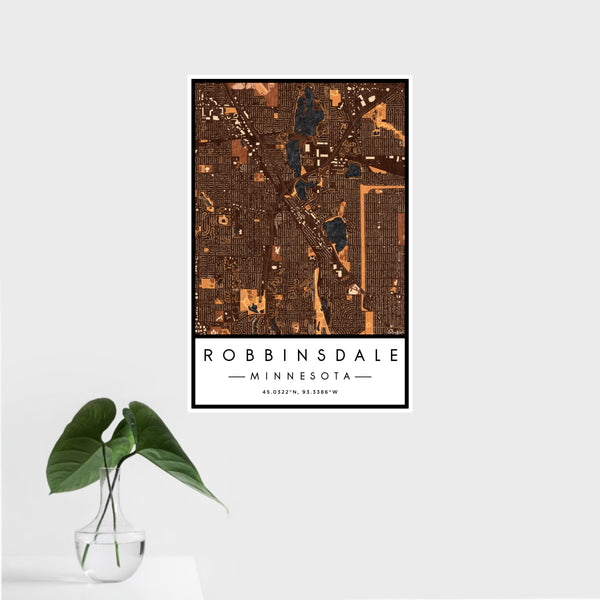 16x24 Robbinsdale Minnesota Map Print Portrait Orientation in Ember Style With Tropical Plant Leaves in Water
