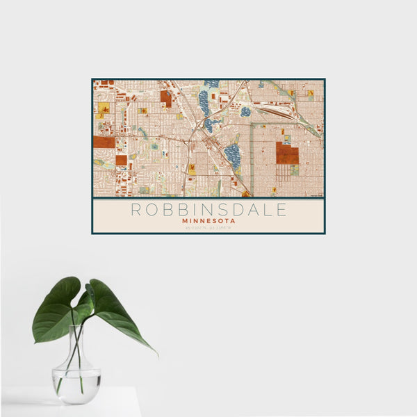 16x24 Robbinsdale Minnesota Map Print Landscape Orientation in Woodblock Style With Tropical Plant Leaves in Water
