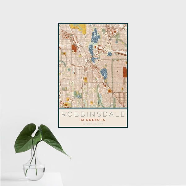 16x24 Robbinsdale Minnesota Map Print Portrait Orientation in Woodblock Style With Tropical Plant Leaves in Water