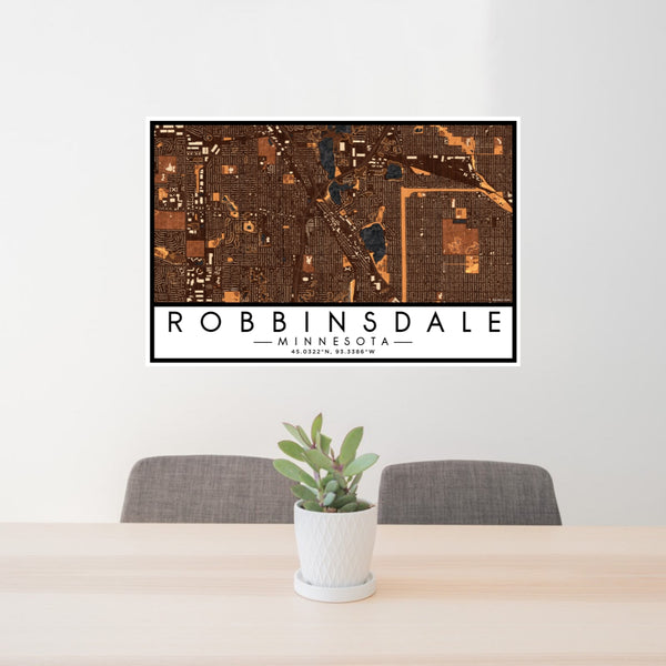 24x36 Robbinsdale Minnesota Map Print Lanscape Orientation in Ember Style Behind 2 Chairs Table and Potted Plant