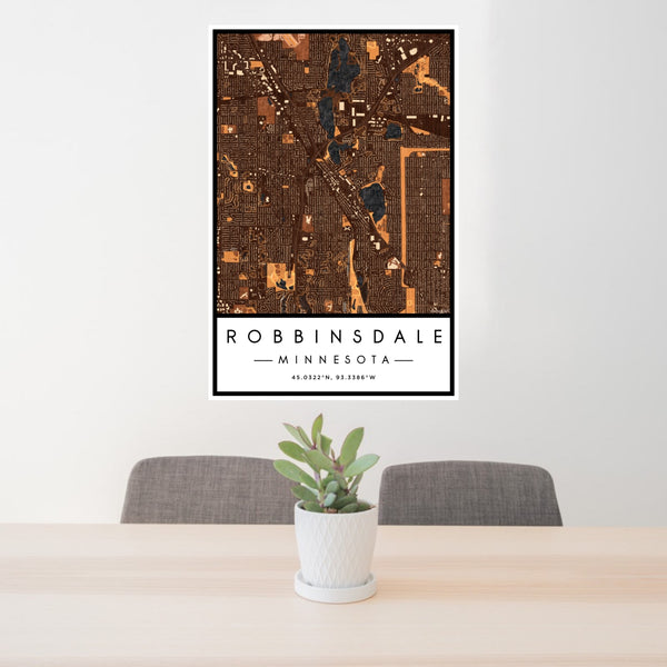 24x36 Robbinsdale Minnesota Map Print Portrait Orientation in Ember Style Behind 2 Chairs Table and Potted Plant