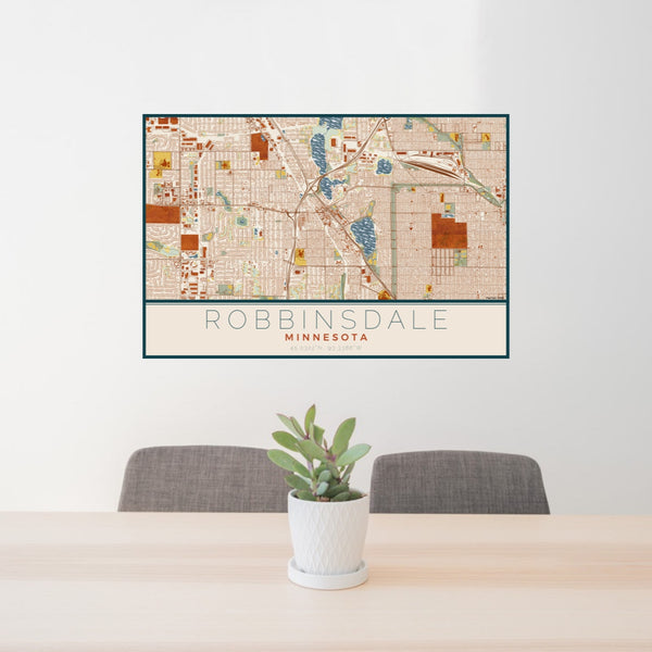 24x36 Robbinsdale Minnesota Map Print Lanscape Orientation in Woodblock Style Behind 2 Chairs Table and Potted Plant
