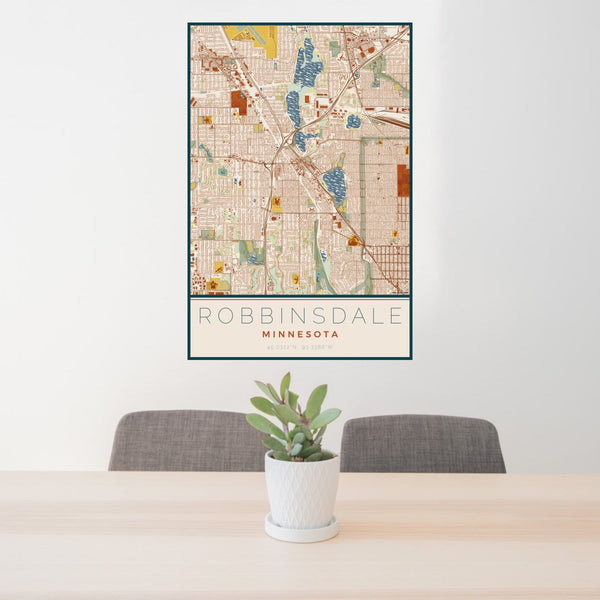 24x36 Robbinsdale Minnesota Map Print Portrait Orientation in Woodblock Style Behind 2 Chairs Table and Potted Plant
