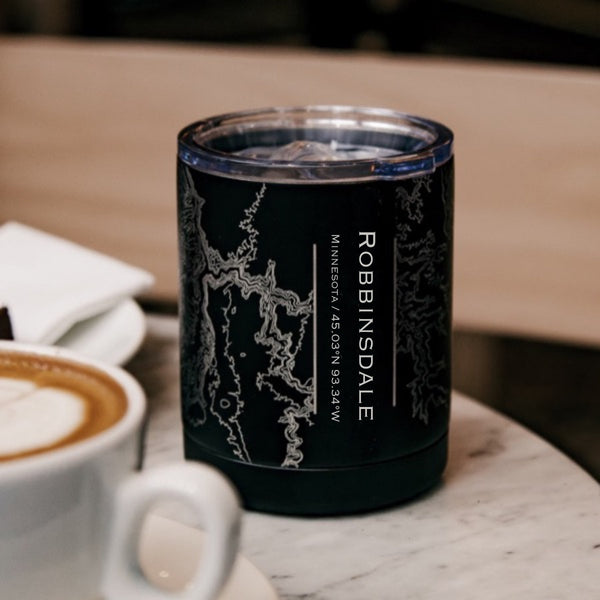 Robbinsdale Minnesota Custom Engraved City Map Inscription Coordinates on 10oz Stainless Steel Insulated Cup with Sliding Lid in Black