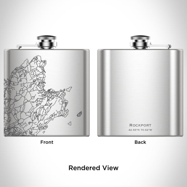 Rendered View of Rockport Massachusetts Map Engraving on 6oz Stainless Steel Flask