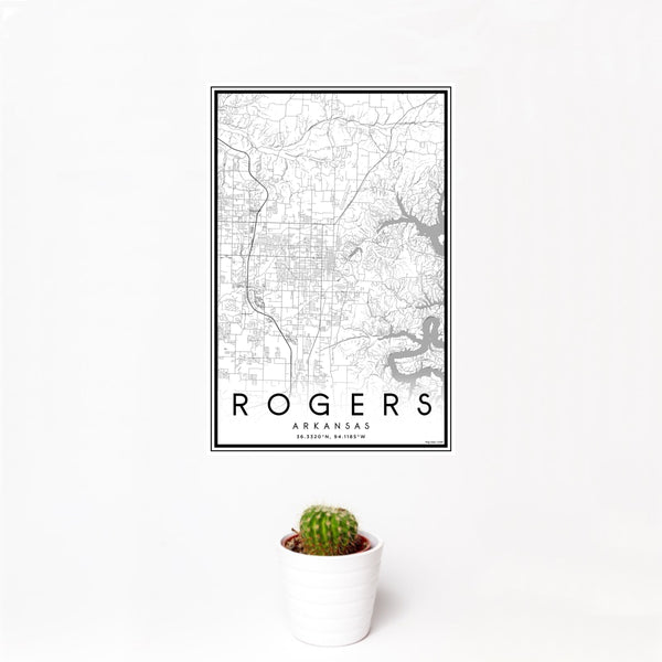 12x18 Rogers Arkansas Map Print Portrait Orientation in Classic Style With Small Cactus Plant in White Planter