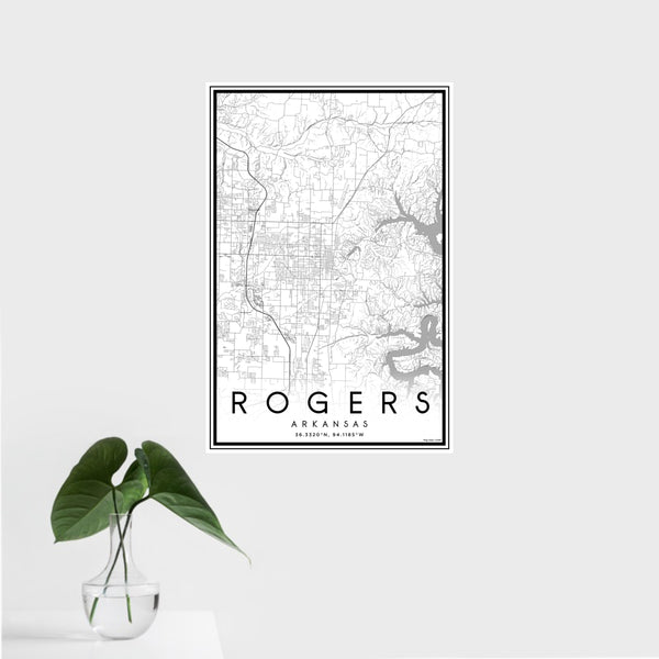 16x24 Rogers Arkansas Map Print Portrait Orientation in Classic Style With Tropical Plant Leaves in Water