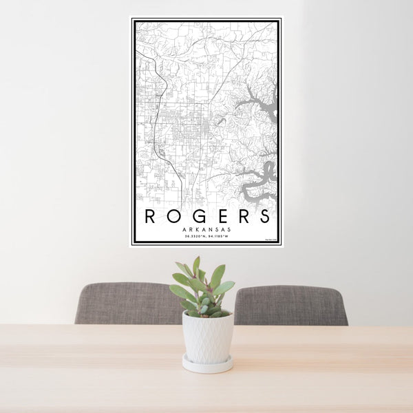 24x36 Rogers Arkansas Map Print Portrait Orientation in Classic Style Behind 2 Chairs Table and Potted Plant
