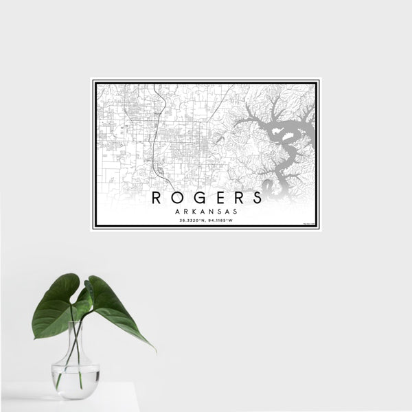 16x24 Rogers Arkansas Map Print Landscape Orientation in Classic Style With Tropical Plant Leaves in Water