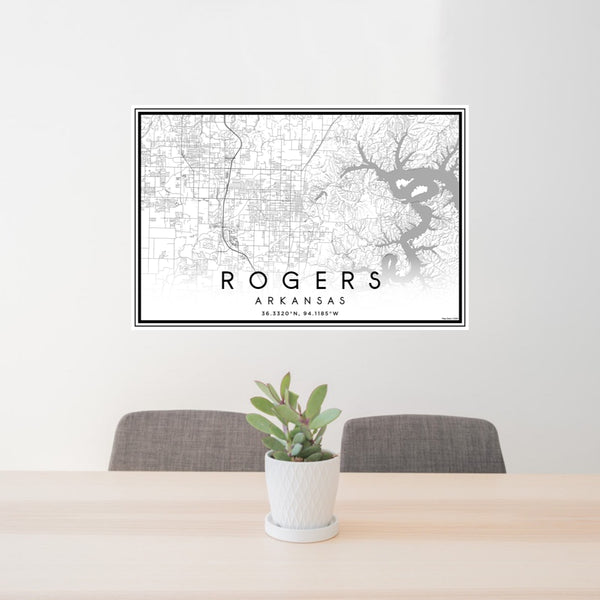 24x36 Rogers Arkansas Map Print Landscape Orientation in Classic Style Behind 2 Chairs Table and Potted Plant