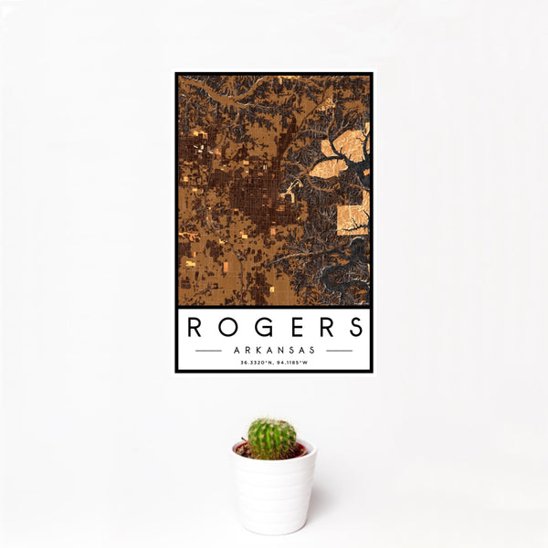12x18 Rogers Arkansas Map Print Portrait Orientation in Ember Style With Small Cactus Plant in White Planter