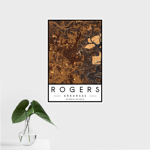 16x24 Rogers Arkansas Map Print Portrait Orientation in Ember Style With Tropical Plant Leaves in Water