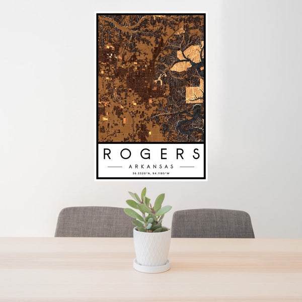 24x36 Rogers Arkansas Map Print Portrait Orientation in Ember Style Behind 2 Chairs Table and Potted Plant