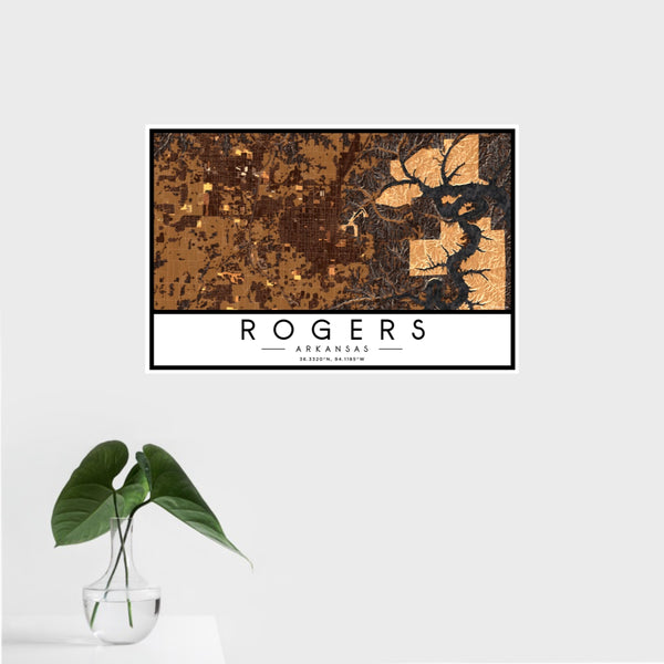 16x24 Rogers Arkansas Map Print Landscape Orientation in Ember Style With Tropical Plant Leaves in Water