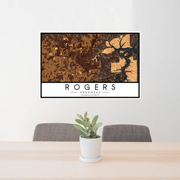 24x36 Rogers Arkansas Map Print Landscape Orientation in Ember Style Behind 2 Chairs Table and Potted Plant
