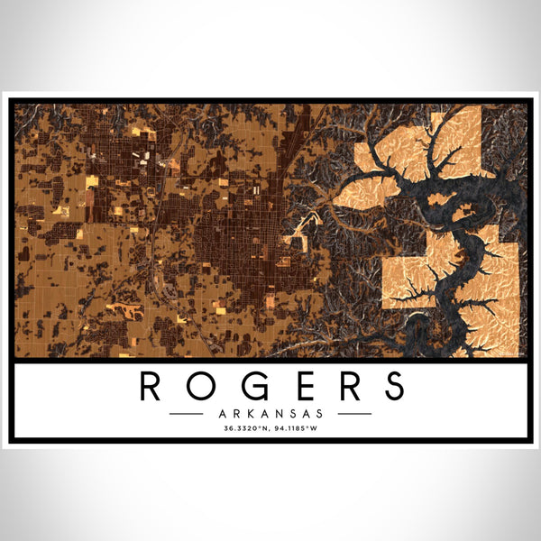 Rogers Arkansas Map Print Landscape Orientation in Ember Style With Shaded Background