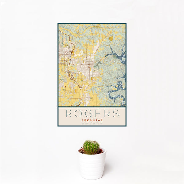 12x18 Rogers Arkansas Map Print Portrait Orientation in Woodblock Style With Small Cactus Plant in White Planter