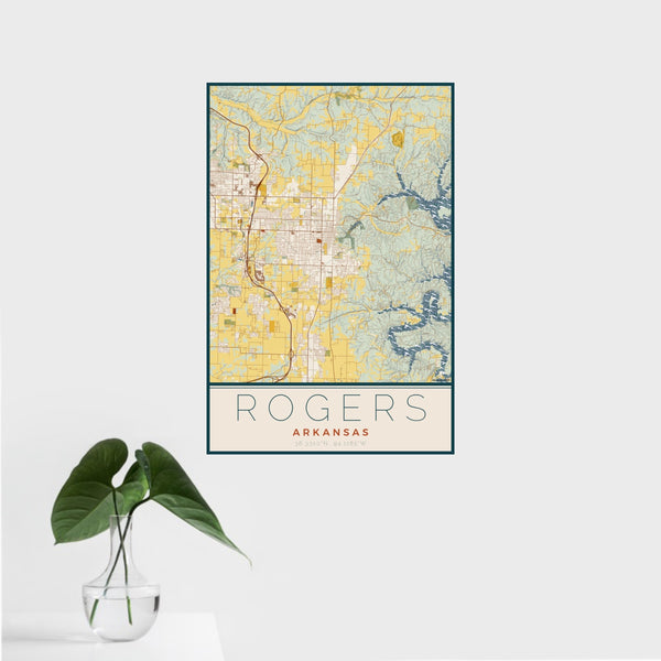 16x24 Rogers Arkansas Map Print Portrait Orientation in Woodblock Style With Tropical Plant Leaves in Water