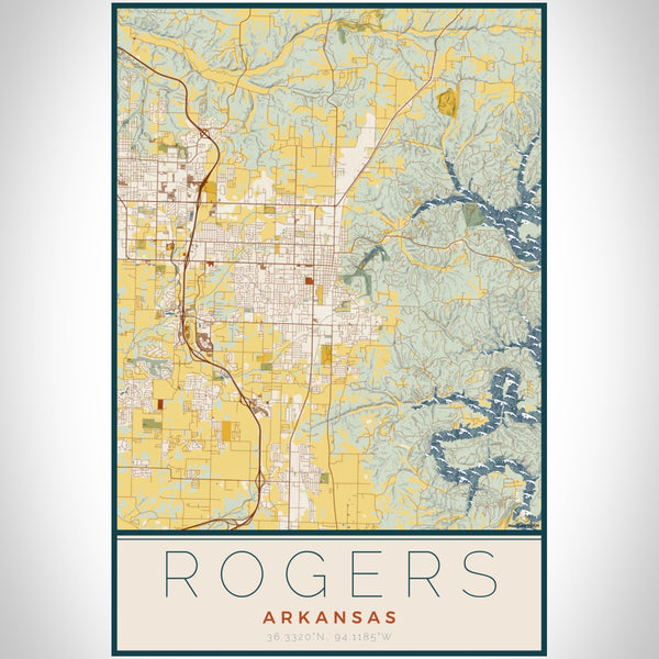Rogers Arkansas Map Print Portrait Orientation in Woodblock Style With Shaded Background