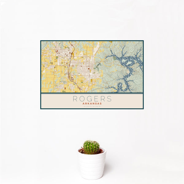 12x18 Rogers Arkansas Map Print Landscape Orientation in Woodblock Style With Small Cactus Plant in White Planter