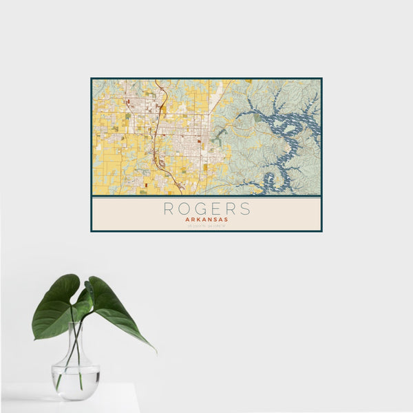 16x24 Rogers Arkansas Map Print Landscape Orientation in Woodblock Style With Tropical Plant Leaves in Water