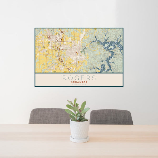 24x36 Rogers Arkansas Map Print Landscape Orientation in Woodblock Style Behind 2 Chairs Table and Potted Plant