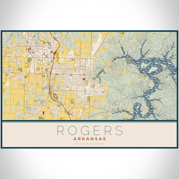 Rogers Arkansas Map Print Landscape Orientation in Woodblock Style With Shaded Background