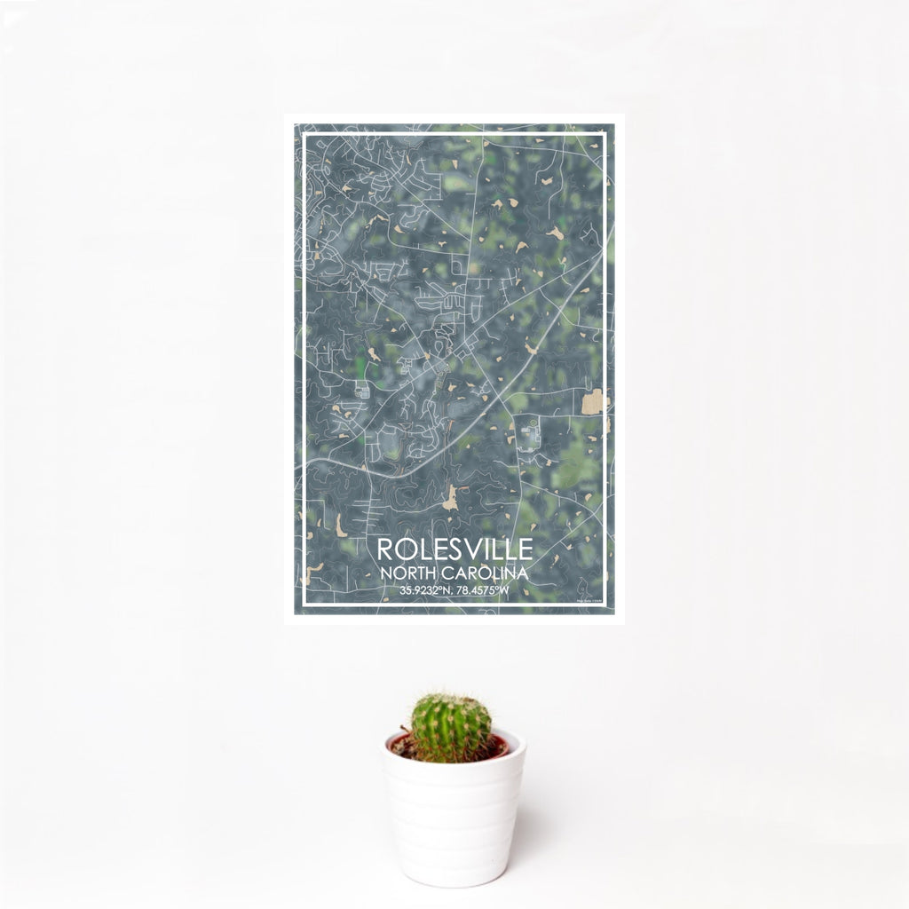 12x18 Rolesville North Carolina Map Print Portrait Orientation in Afternoon Style With Small Cactus Plant in White Planter
