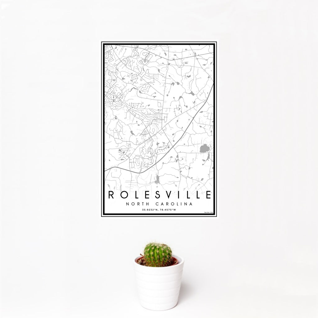 12x18 Rolesville North Carolina Map Print Portrait Orientation in Classic Style With Small Cactus Plant in White Planter