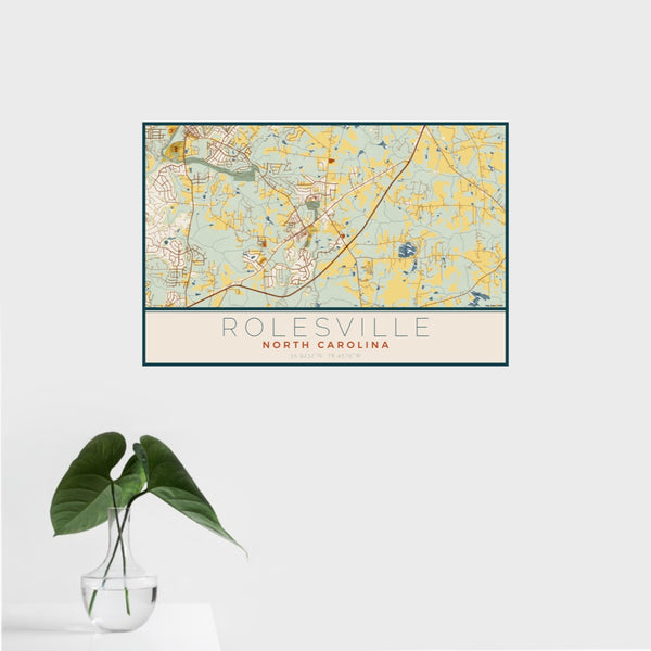 16x24 Rolesville North Carolina Map Print Landscape Orientation in Woodblock Style With Tropical Plant Leaves in Water