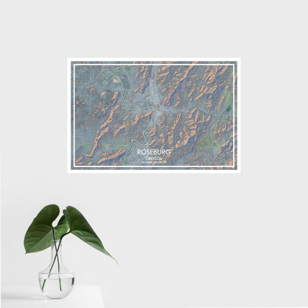 16x24 Roseburg Oregon Map Print Landscape Orientation in Afternoon Style With Tropical Plant Leaves in Water