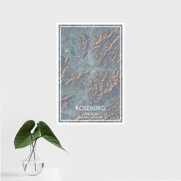 16x24 Roseburg Oregon Map Print Portrait Orientation in Afternoon Style With Tropical Plant Leaves in Water