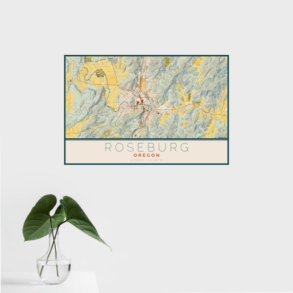 16x24 Roseburg Oregon Map Print Landscape Orientation in Woodblock Style With Tropical Plant Leaves in Water