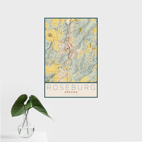 16x24 Roseburg Oregon Map Print Portrait Orientation in Woodblock Style With Tropical Plant Leaves in Water