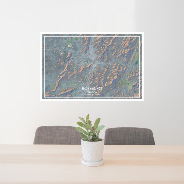 24x36 Roseburg Oregon Map Print Lanscape Orientation in Afternoon Style Behind 2 Chairs Table and Potted Plant