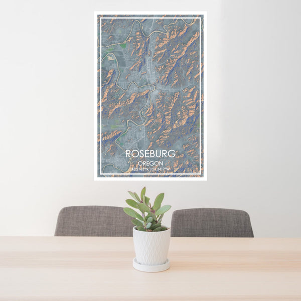 24x36 Roseburg Oregon Map Print Portrait Orientation in Afternoon Style Behind 2 Chairs Table and Potted Plant