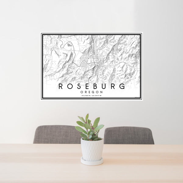 24x36 Roseburg Oregon Map Print Lanscape Orientation in Classic Style Behind 2 Chairs Table and Potted Plant