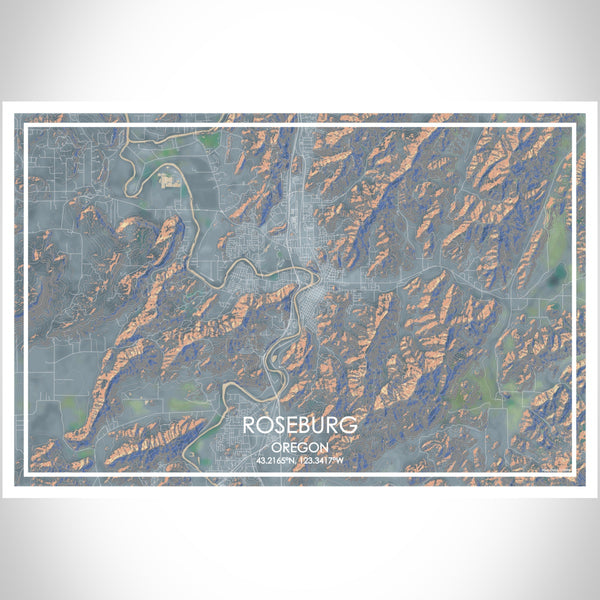 Roseburg Oregon Map Print Landscape Orientation in Afternoon Style With Shaded Background