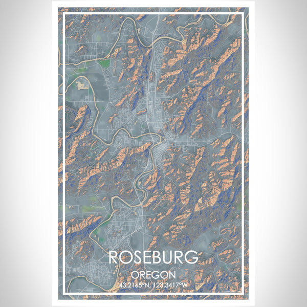 Roseburg Oregon Map Print Portrait Orientation in Afternoon Style With Shaded Background